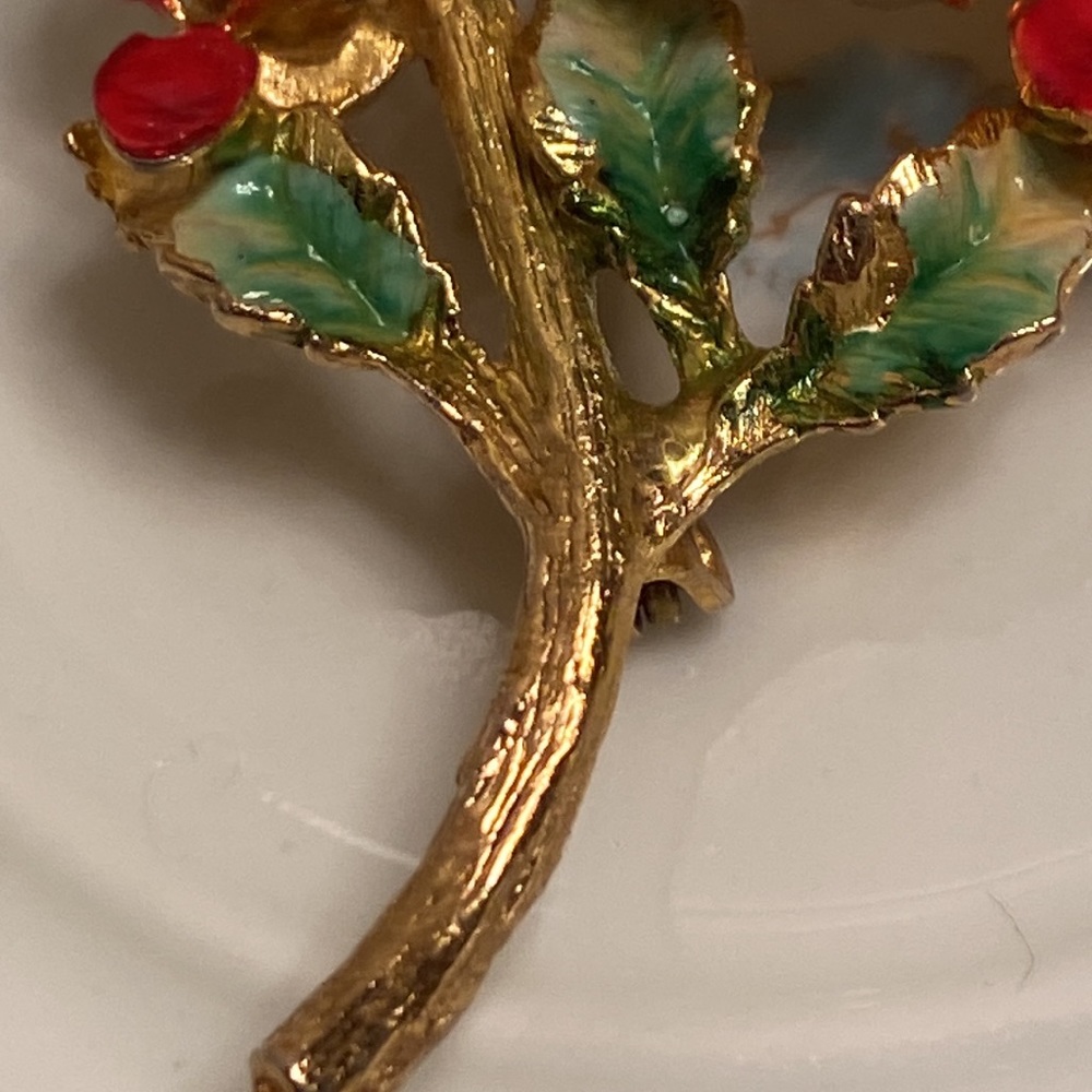 Vintage Made in Austria enamel rhinestone red flower brooch- 2 1/2” x 1 1/2” - Picture 3 of 11